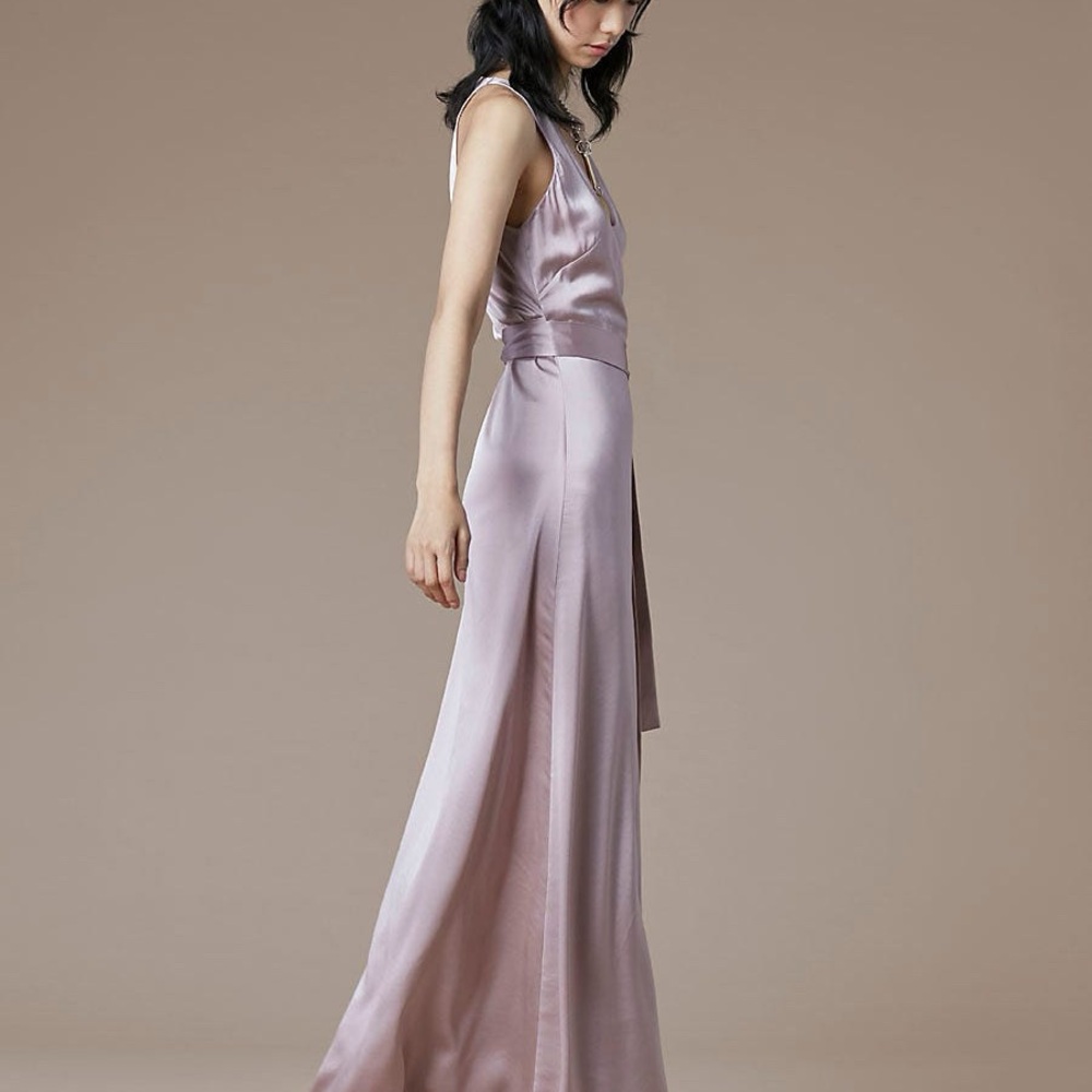 DVF Satin Sleeveless Wrap Maxi Dress, 4, lavender/silver
